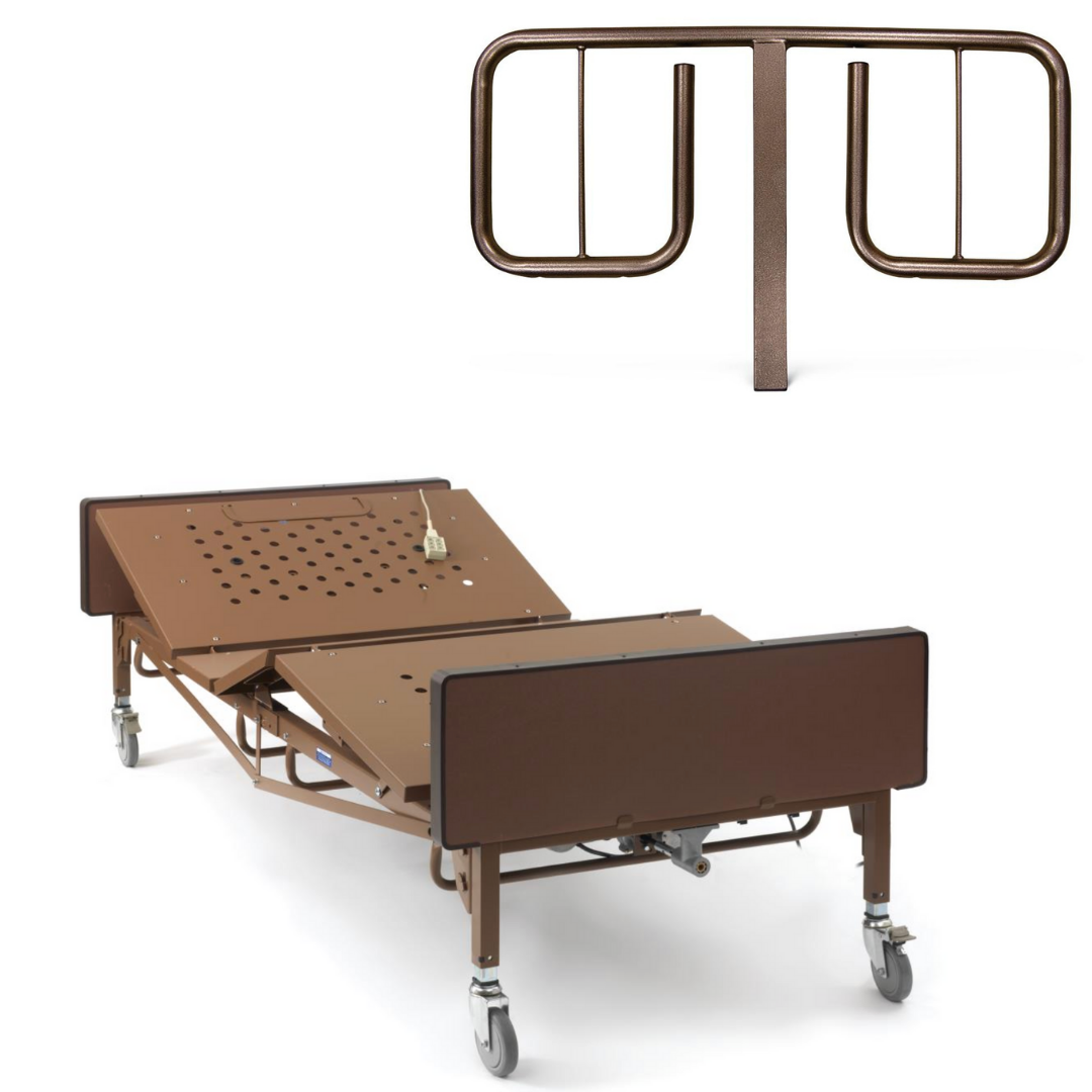 The Medline Bariatric Full Electric Homecare Bed, shown in brown with a sturdy steel frame, metal rails, and wheels, is displayed. Above the bed is an enlarged view of its detachable brown safety bed rail.